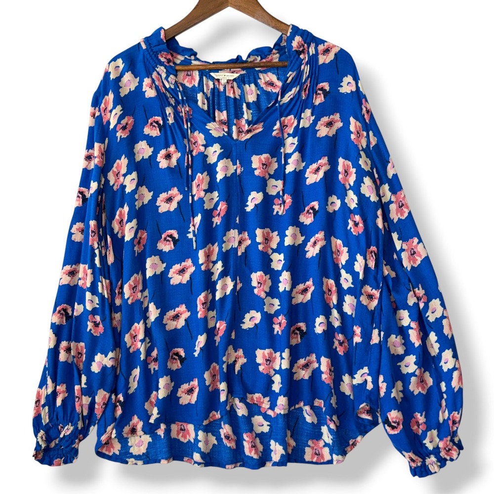 Lucky Brand Floral Blouse XL Blue Cold Shoulder Split Sleeve Peasant Boho Chic